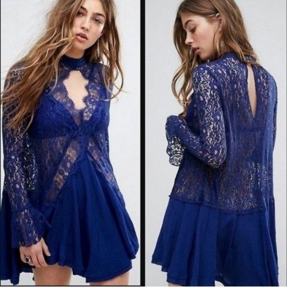 Free People rich blue lacey long sleeved dress
